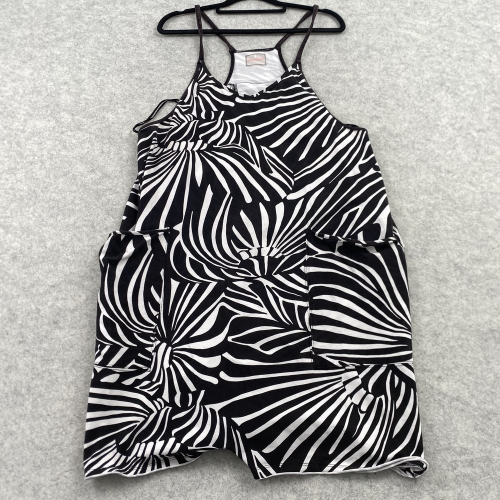 Free People Movement Romper Womens L Black White Tropical Leaf Halter Jersey Poc